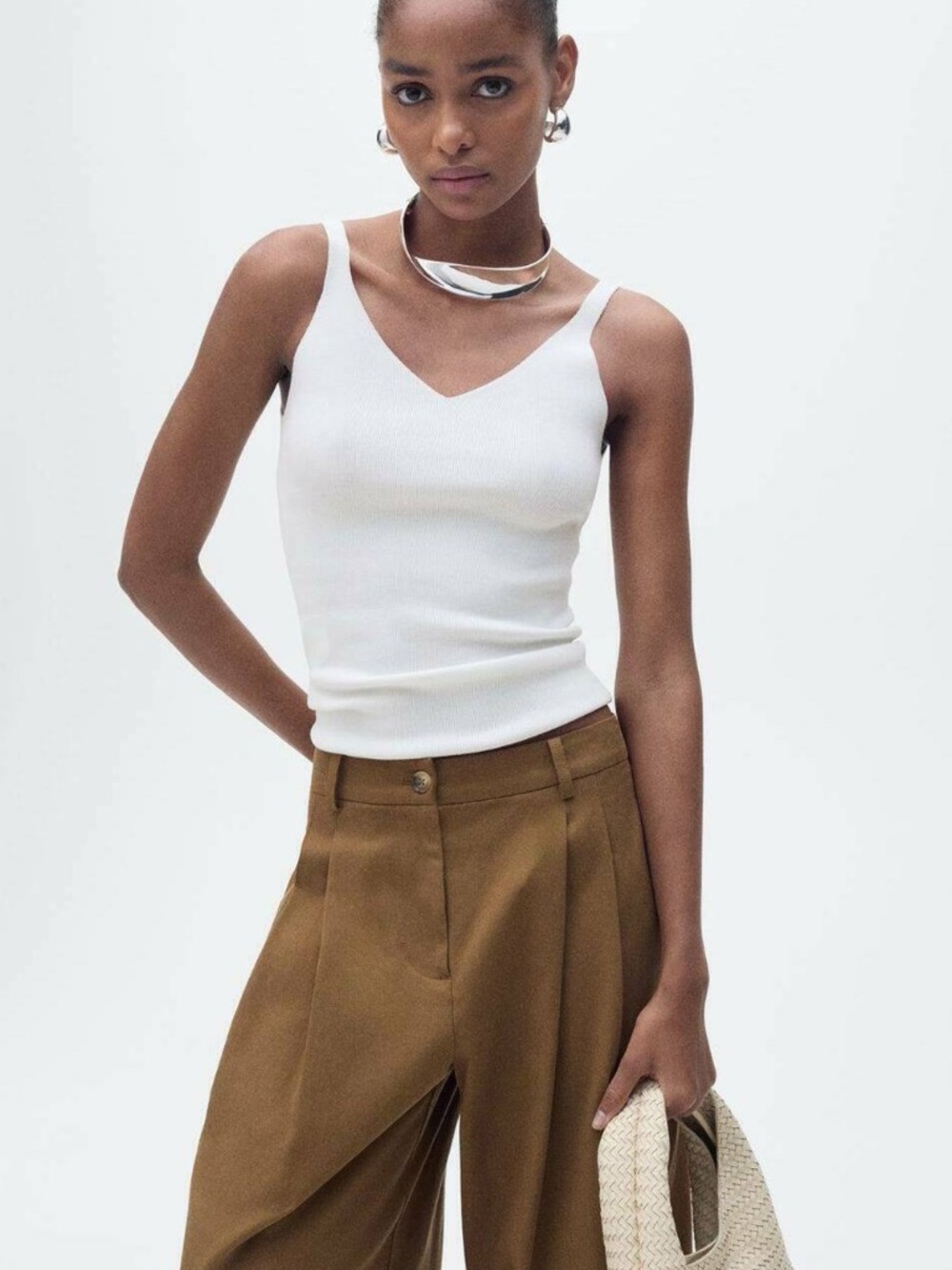 Mango White Ribbed Tank Top | Stretchy | Classic | Size S